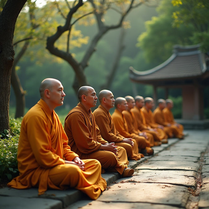 Monks meditating in quiet gardens