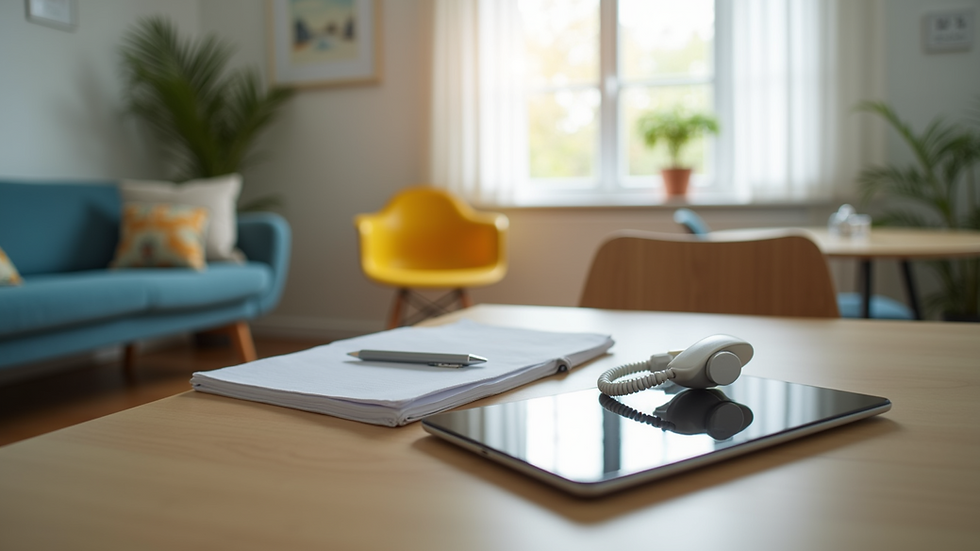 Eye-level view of a quiet community centre room with a comfortable chair and a small table with a phone and tablet