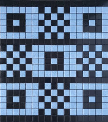 Wien A - checkerboard glass mosaic tile - patterned squares of glossy black and light blue alternate. 