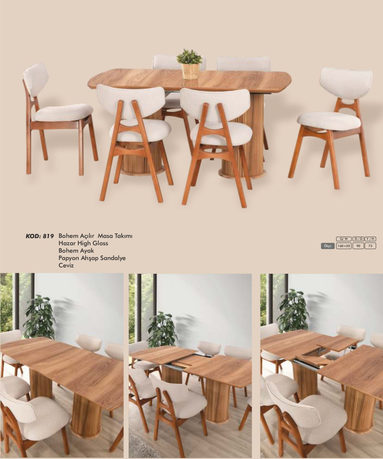 Bohem Açılır Masa Takımı  G/W D/D Y/H  Hazar High Gloss Bohem Ayak Papyon Ahşap