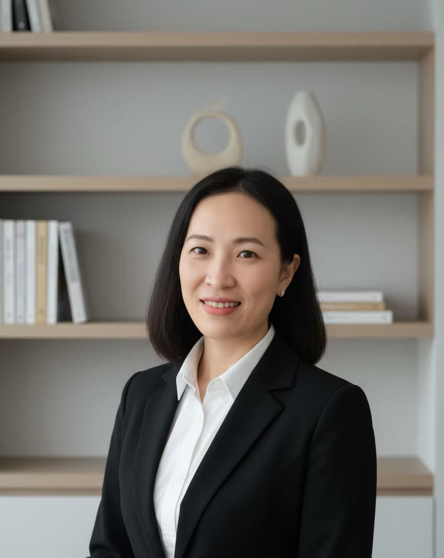 Smiling woman in a black blazer and white shirt in an office