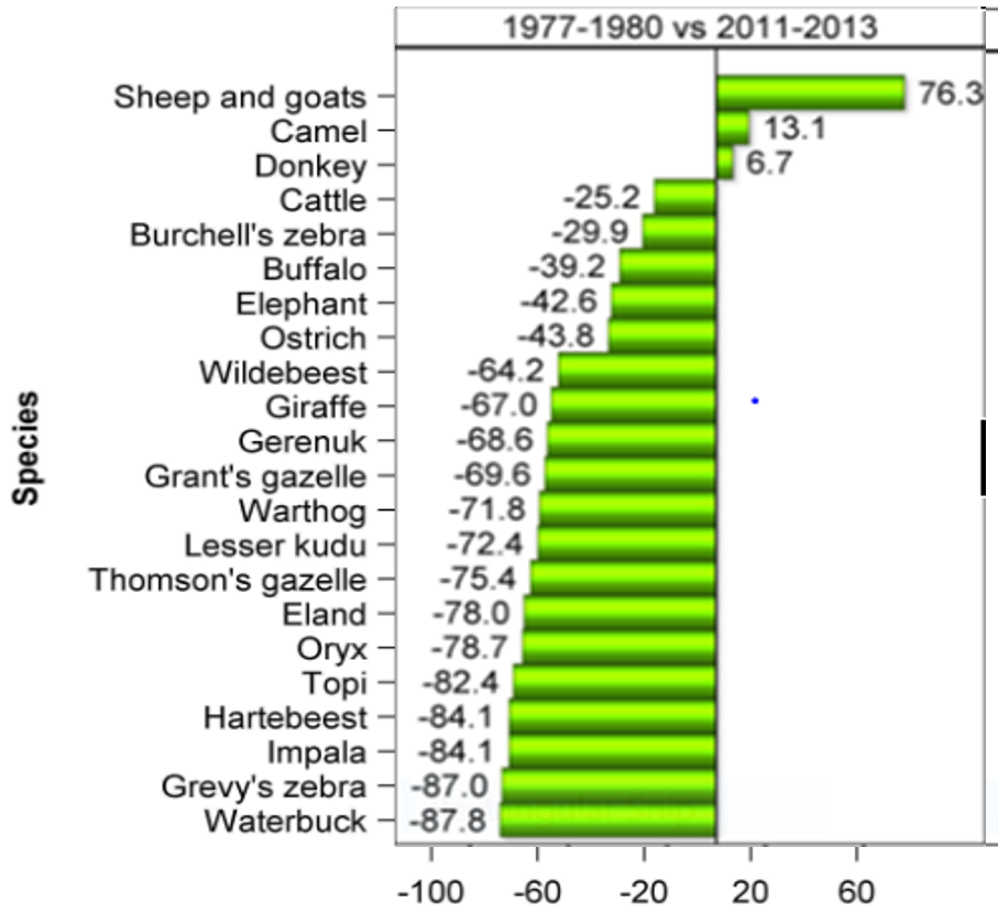 Figure 3. Trends in wildlife and livestock numbers documented in Kenya between 1977-1980 and 2011-2013, showing the precipitous decline in wildlife & concomitant increase in livestock.