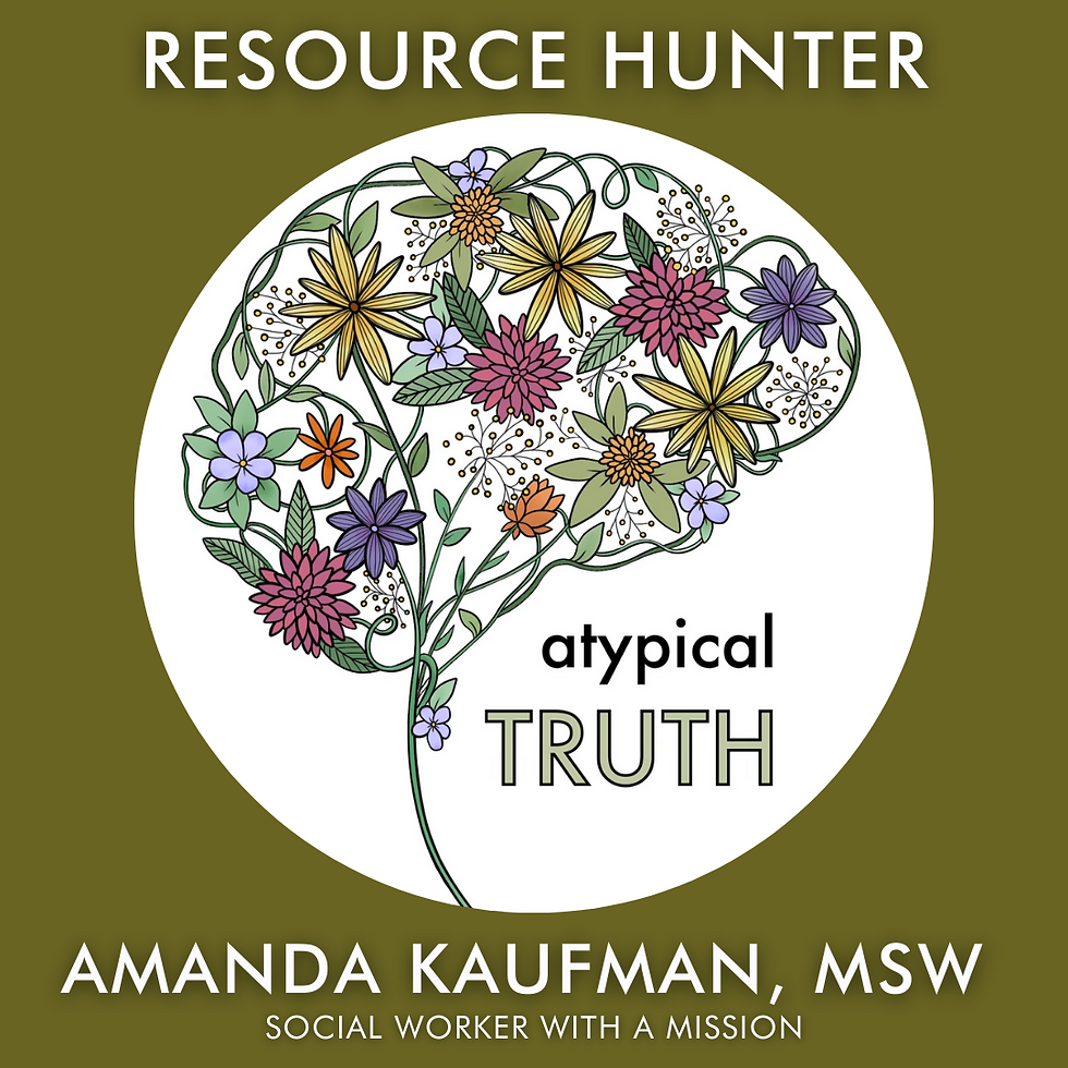 Atypical Truth podcast episode cover. Olive green background with logo at center. Logo is an anatomical drawing of the human brain with colorful flowers blooming from the ventricles. Image reads in white font: “Resource Hunter, Amanda Kaufman, MSW, Social Worker With A Mission”