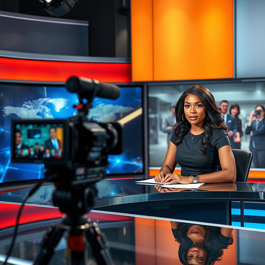 a major news desk , camera, and a beautiful black woman news anchor.jpg