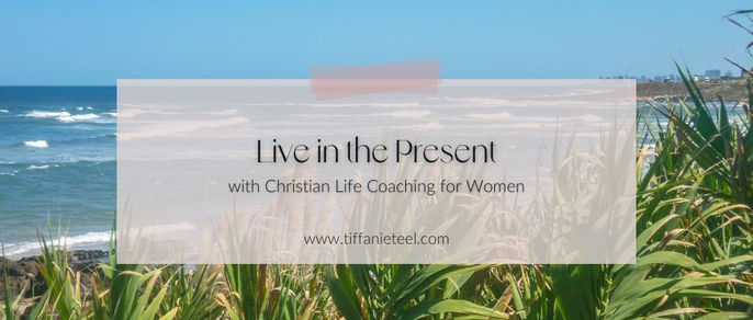 Serene beach scene with the title "Live in the Present with Christian Life Coaching for Women," representing peace and clarity found through faith-based coaching.