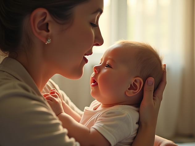 A warm, gentle lifestyle shot of a parent comforting a calm baby, bathed in soft, natural