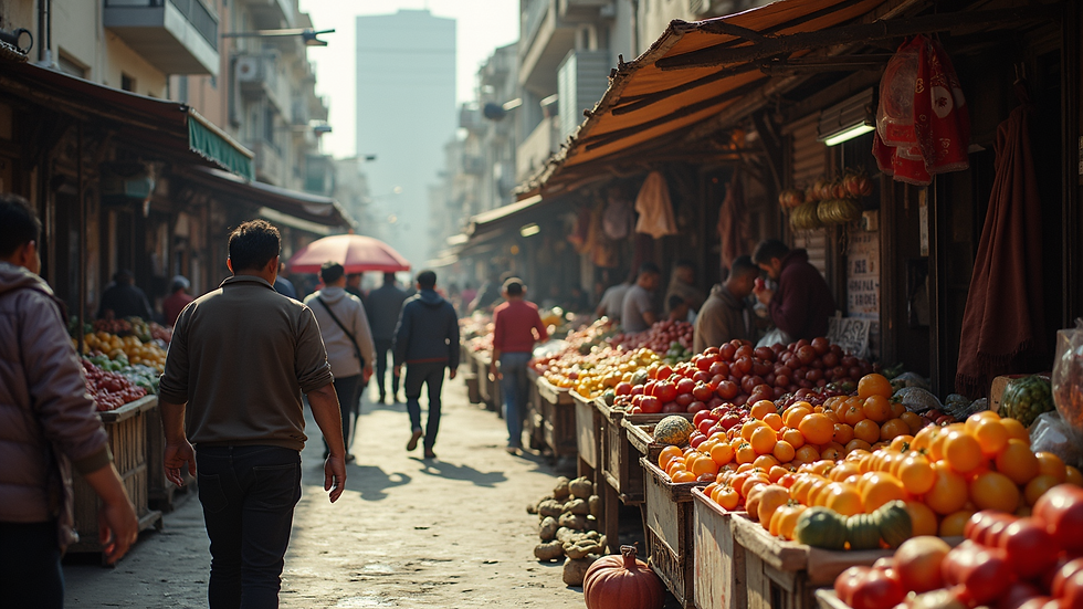 Wide angle view of a bustling market in Rosario during game day