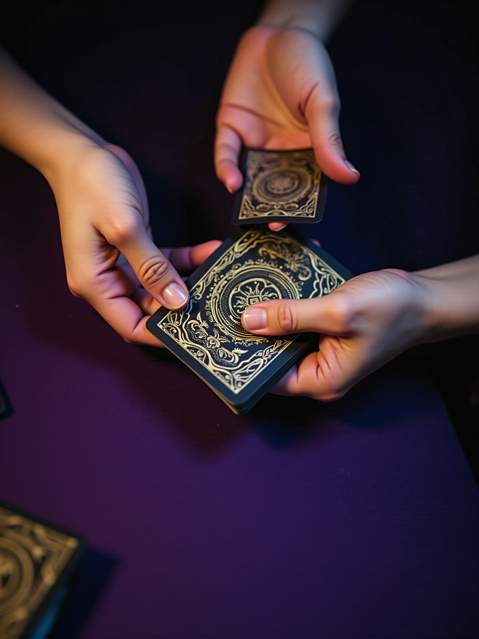 Two pairs of hands exchanging ornate dark gold mystical cards on purple table.