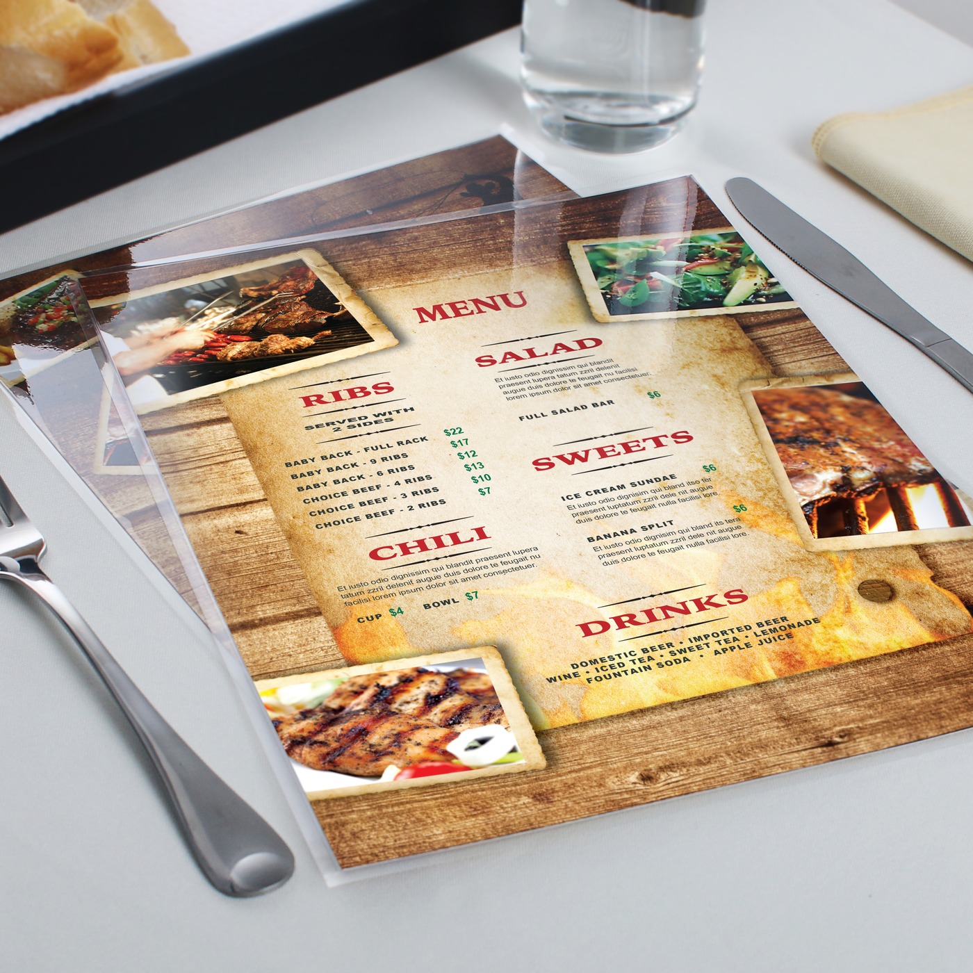 Laminated food menu