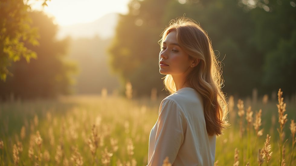Eye-level view of a serene outdoor setting with a female figure in soft light