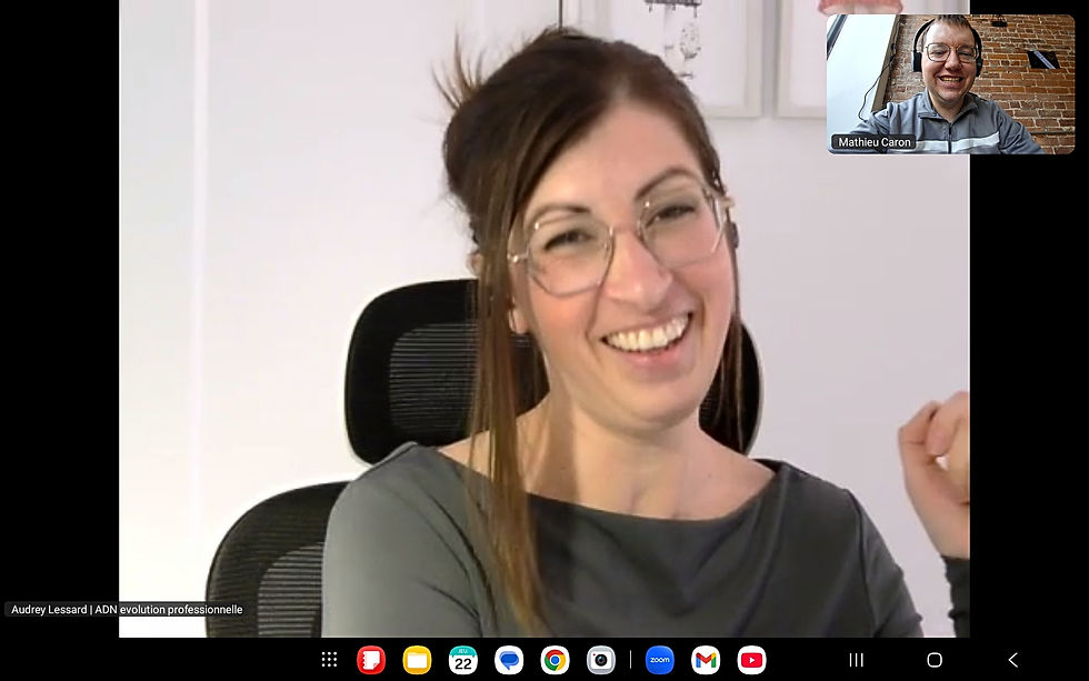 Capture d’écran d’un appel vidéo montrant Audrey Lessard, coach en évolution professionnelle, souriante devant sa caméra, dans un contexte de rencontre professionnelle en ligne
