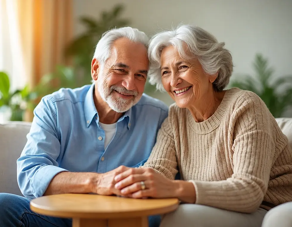 Studio photography of a smiling elderly couple holding hands across a small table. They share a warm, affectionate, and peaceful connection in a bright residential setting.
