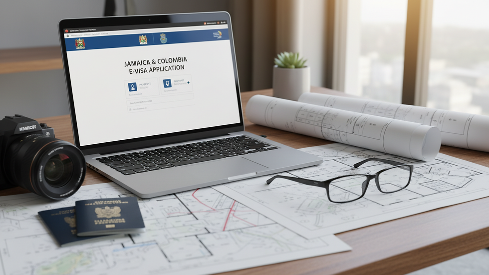 Vue rapprochée d’un bureau moderne avec plans immobiliers et ordinateur portable