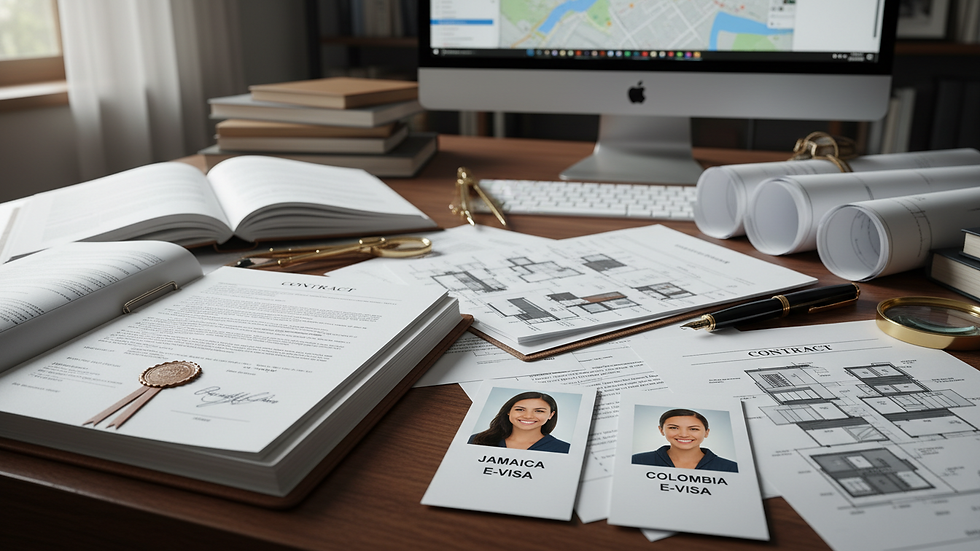 Vue rapprochée d'un bureau de courtier immobilier avec documents et plans