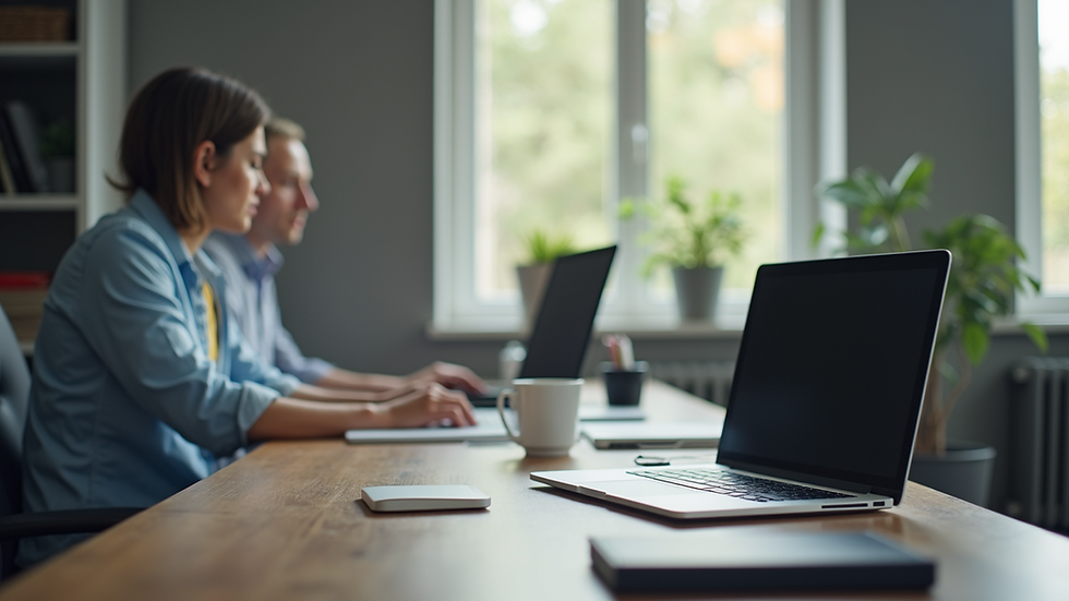 Vue en plongée d'un bureau moderne avec un ordinateur et des outils CRM
