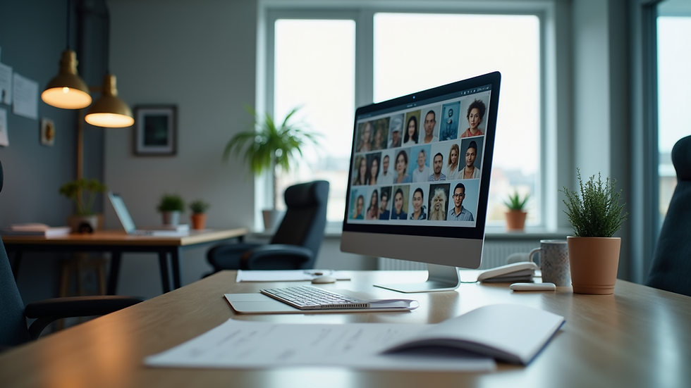 Vue rapprochée d’un bureau moderne avec un ordinateur affichant des profils de candidats bilingues