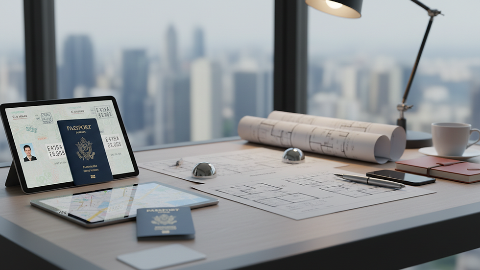 Vue rapprochée d'un bureau moderne avec documents et plans immobiliers