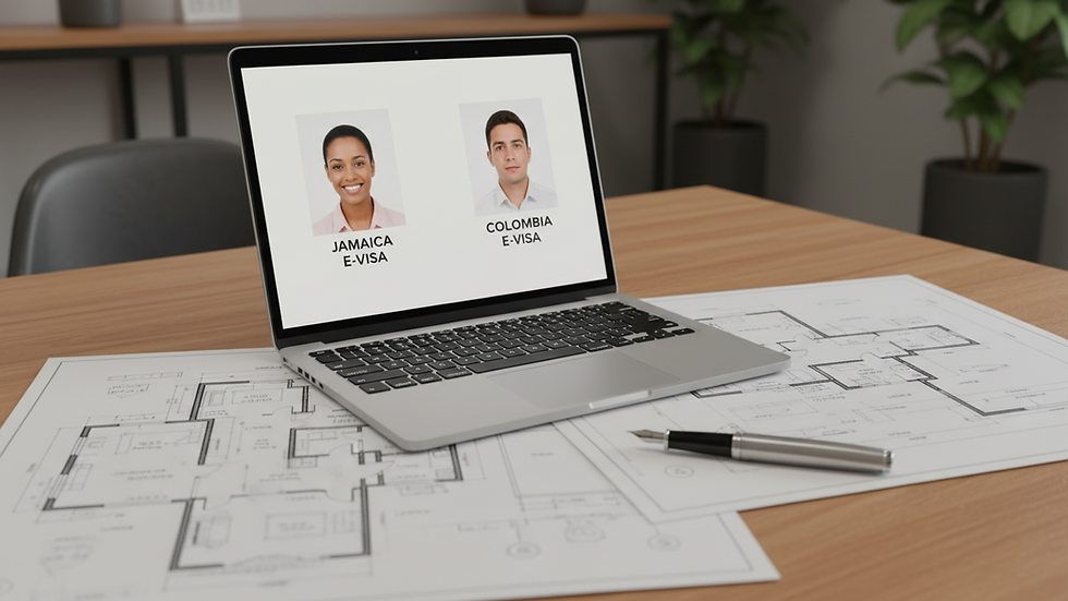 Vue rapprochée d’un bureau avec plans immobiliers et ordinateur portable