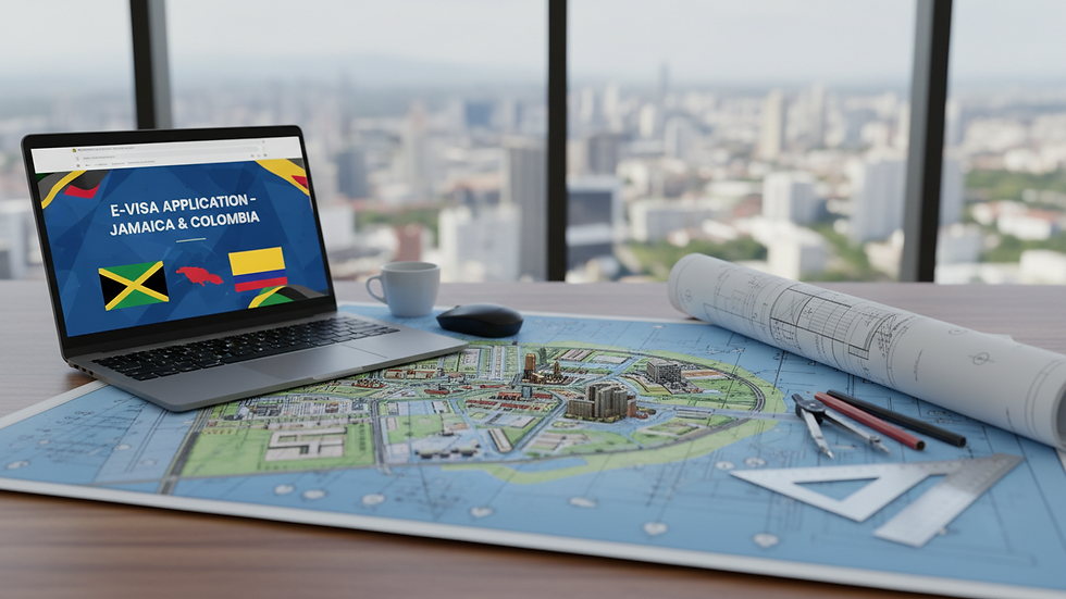 Vue à hauteur d’œil d’un bureau moderne avec un plan d’urbanisme et un ordinateur portable