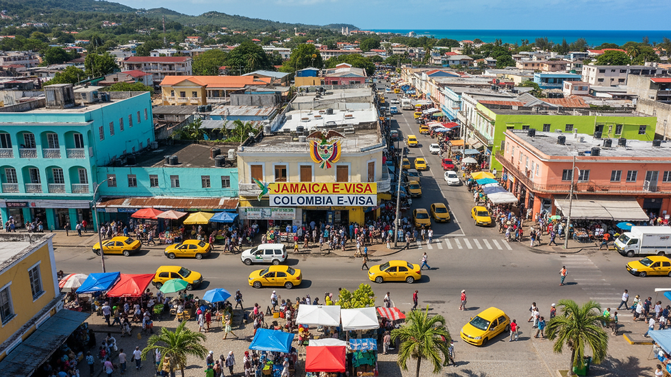 Vue en plongée d’un quartier commercial dynamique en Jamaïque
