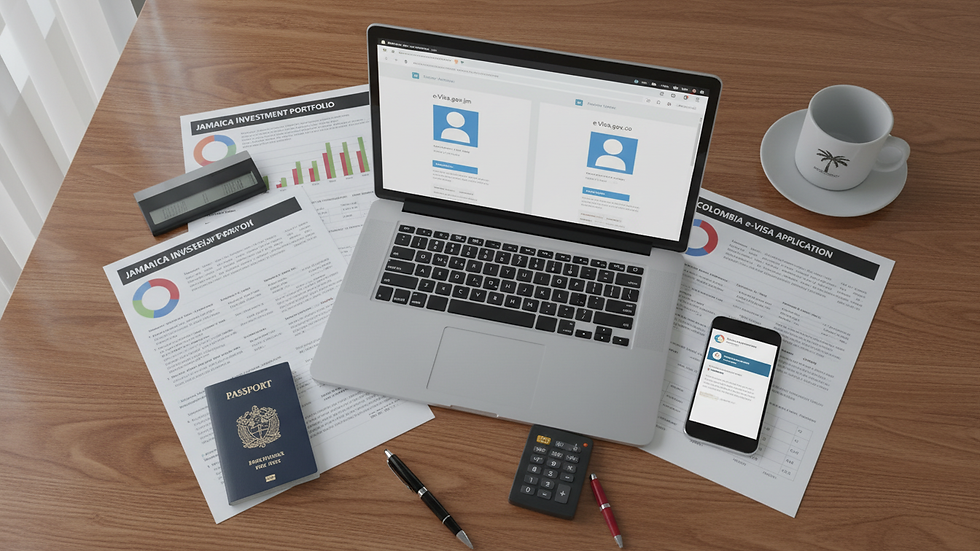 Vue en plongée d’un bureau avec des documents d’investissement et un ordinateur portable
