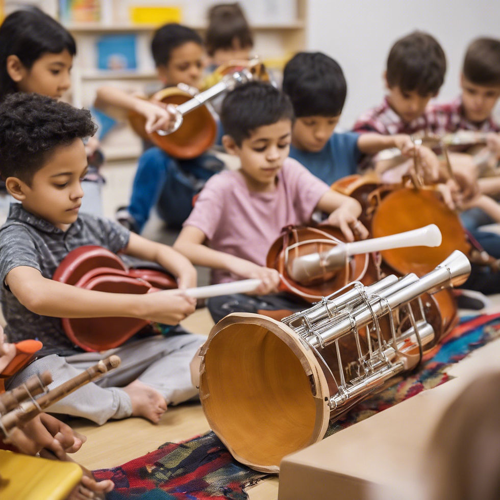 Students playing invented instruments