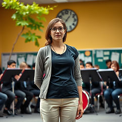 female teacher standing nervously in front of a school band.jpg