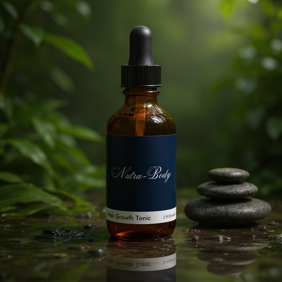 Hair Growth Tonic 2oz amber glass bottle with black dropper and navy label, surrounded by zen stones and greenery.