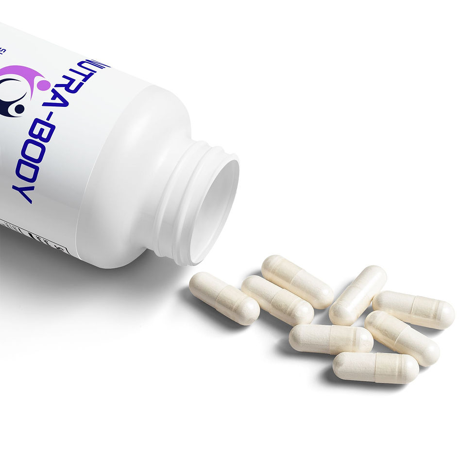 Nutra-Body Supplements 5-HTP dietary supplement bottle with 60 capsules, white label with purple and black logo on beige countertop.