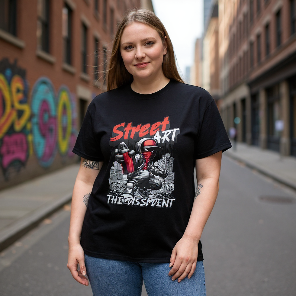 Urban Apparel black Street Art Graffiti T-Shirt, The Dissident design, featuring red and white graffiti print on a classic-fit tee.