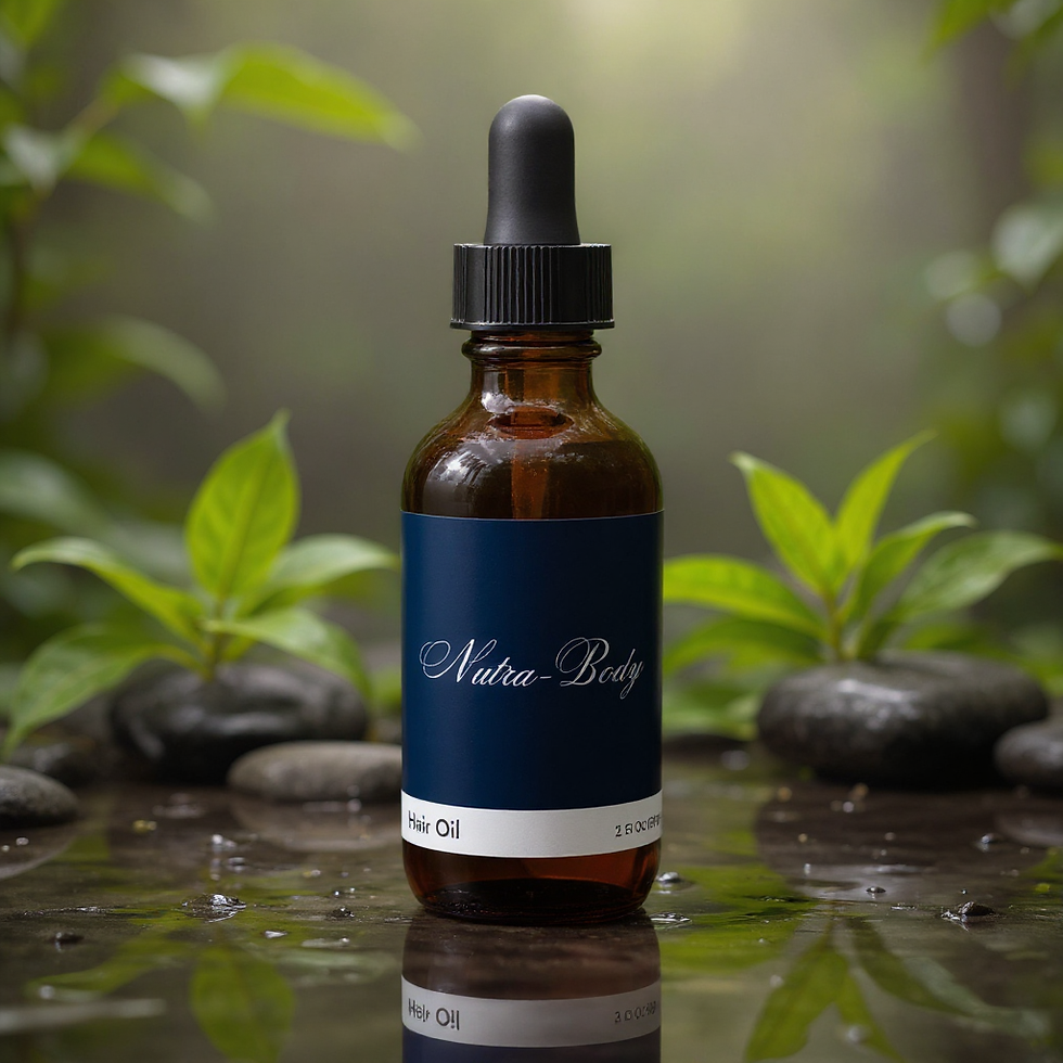 Nutra Body Hair Oil, 2oz, amber glass bottle with black dropper, blue label, surrounded by green leaves and stones on wet surface.
