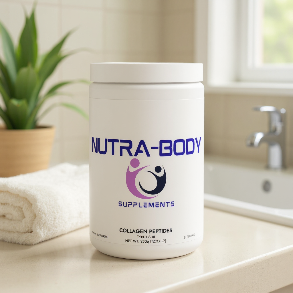 Nutra-Body Supplements Collagen Peptides Type I & III 350g white container on bathroom counter with purple and black logo.