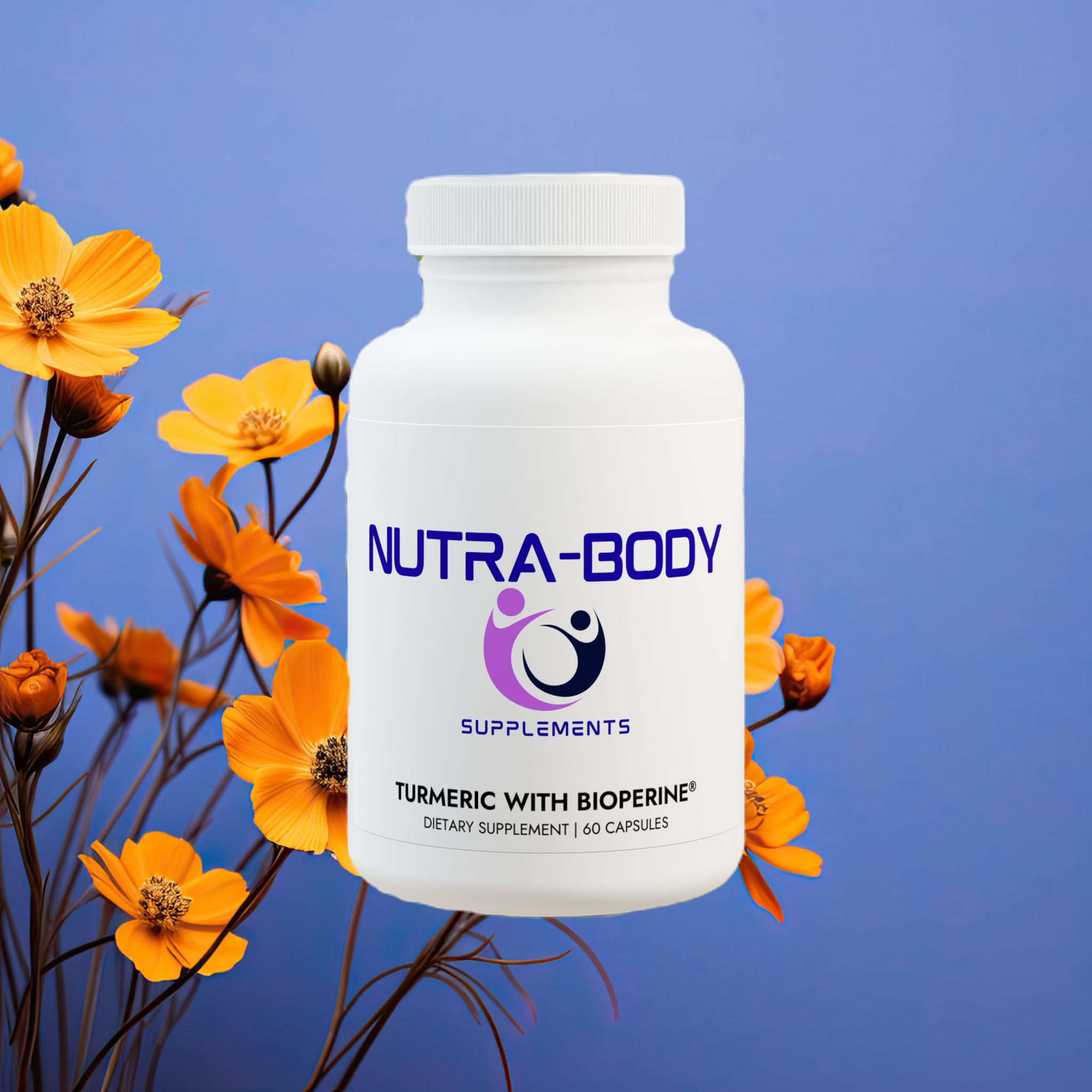 White bottle of Nutra-Body Turmeric with Bioperine supplement, 60 capsules, against a field of orange flowers and blue sky background.