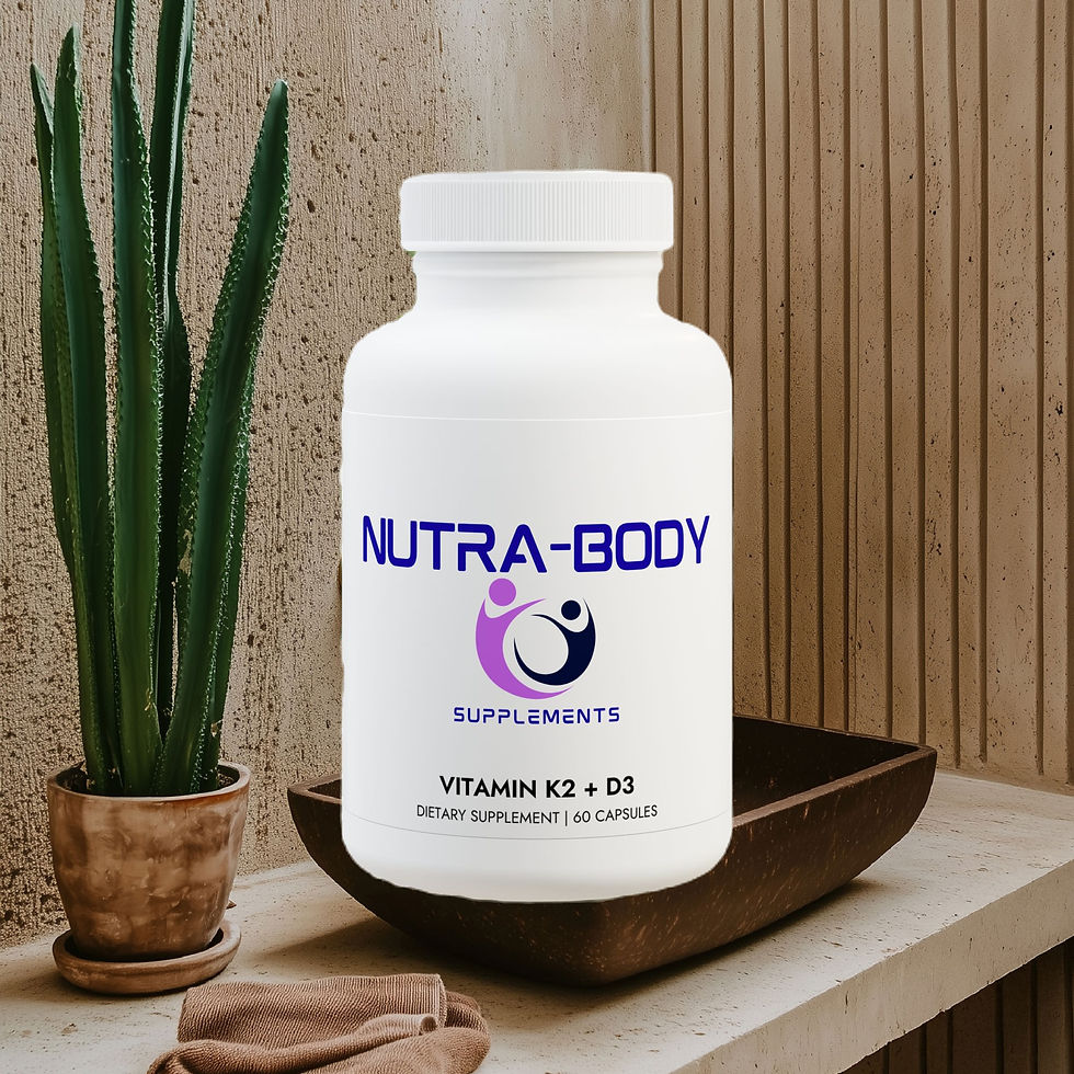 Nutra-Body Supplements Vitamin K2 + D3, 60 capsules, white bottle with purple and black logo on wooden tray beside a plant.