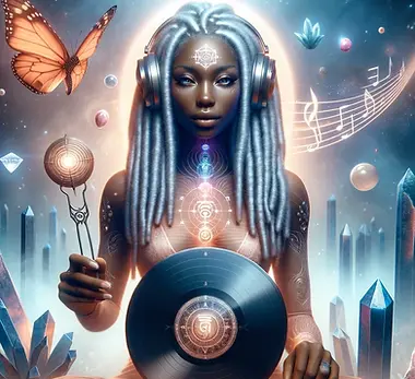 DALL·E 2025-01-05 15.08.03 - A dreamy futuristic scene featuring a melanated woman with lo