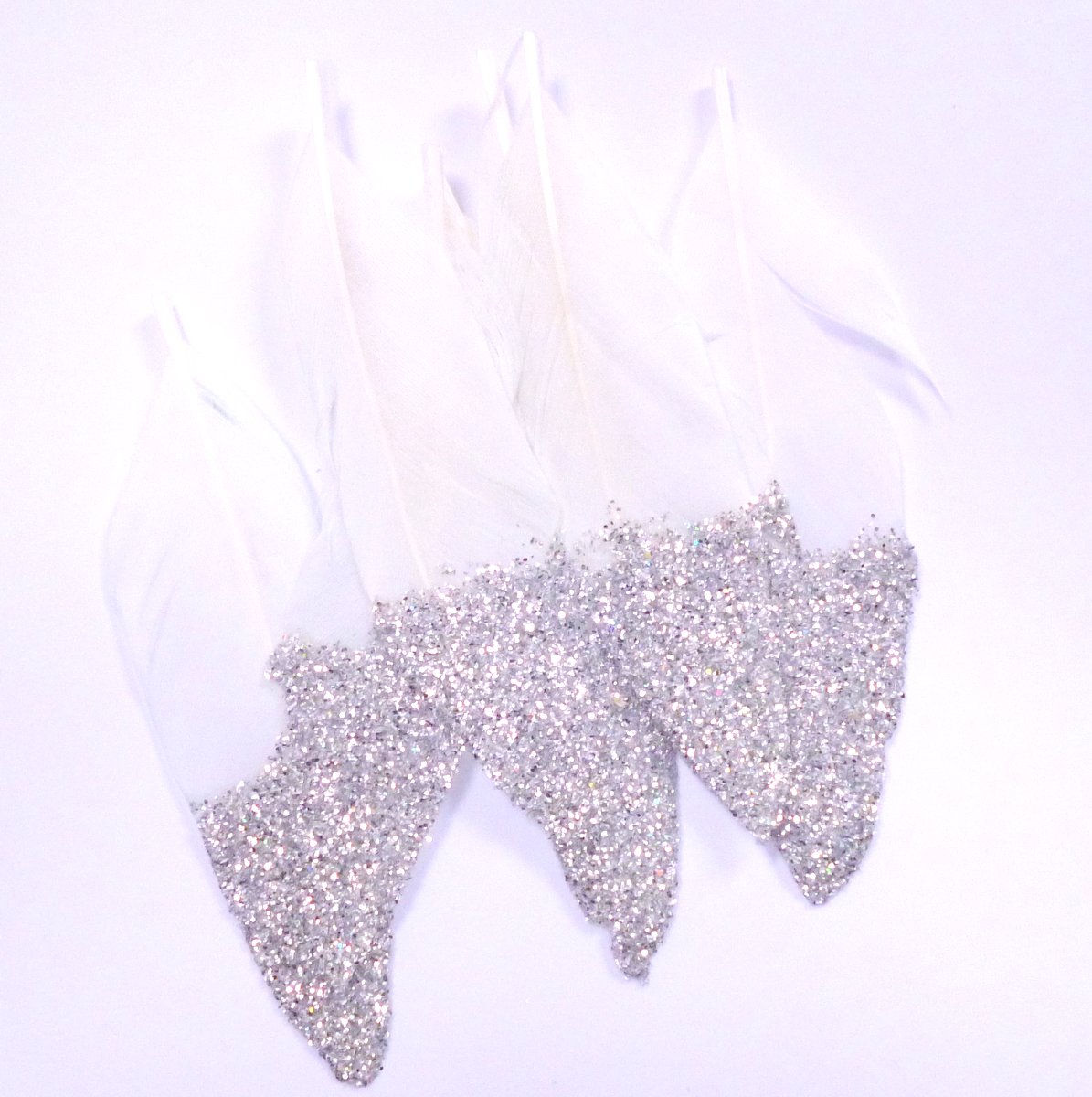 SALE Glitter Dipped Feathers :: pack of 6 :: white & silver