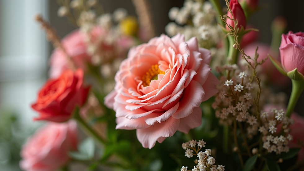 Close-up view of a lush arrangement of seasonal UK flowers