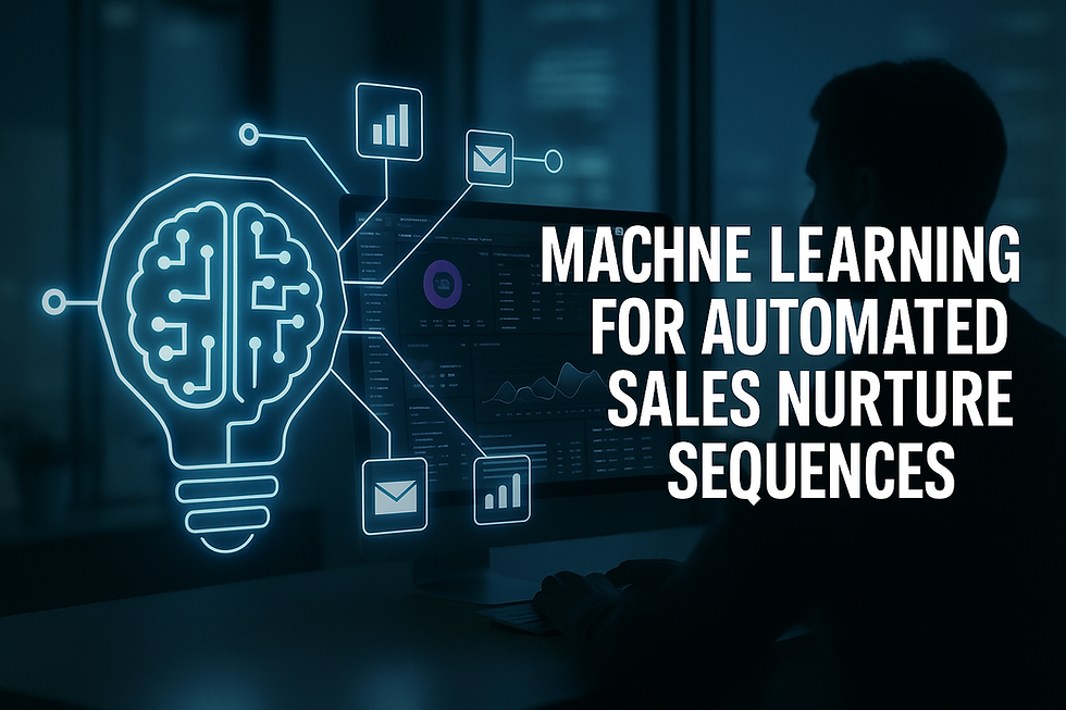 Ultra-realistic image showing a faceless silhouette working on a computer with machine learning data dashboards. Glowing neural network icons represent AI automating sales nurture sequences, with bold text overlay: "Machine Learning for Automated Sales Nurture Sequences". Ideal for blogs on AI in sales automation.