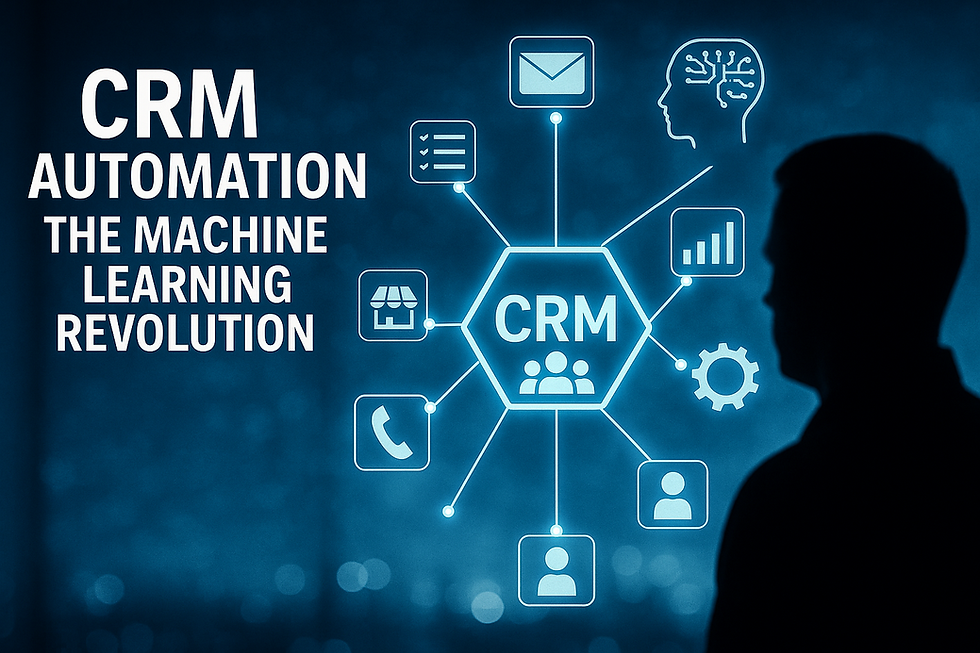 Ultra realistic illustration of CRM automation with machine learning, featuring a silhouetted person facing a glowing CRM network diagram with icons for email, analytics, AI brain, communication, and automation, symbolizing intelligent sales and customer relationship management.