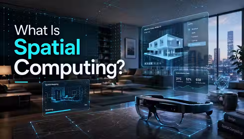 Spatial computing with AR glasses and holographic interfaces.