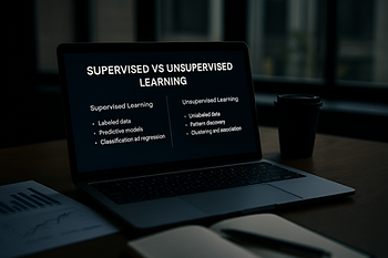 Ultra-realistic image of a laptop displaying a comparison between supervised and unsupervised learning, placed on a modern desk with a notebook, pen, and coffee cup, illustrating machine learning concepts for sales use cases in a professional work setting.