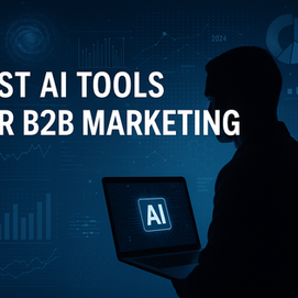 Silhouetted business professional using laptop with glowing AI icon on screen, surrounded by digital graphs, charts, and data analytics visuals, illustrating best AI tools for B2B marketing in 2025.