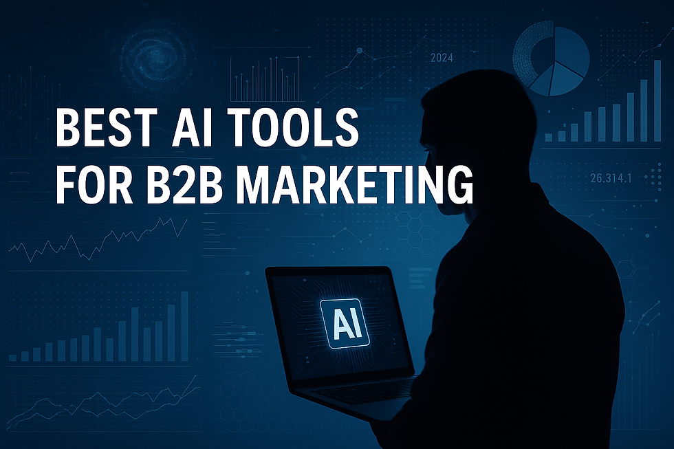 Silhouetted business professional using laptop with glowing AI icon on screen, surrounded by digital graphs, charts, and data analytics visuals, illustrating best AI tools for B2B marketing in 2025.