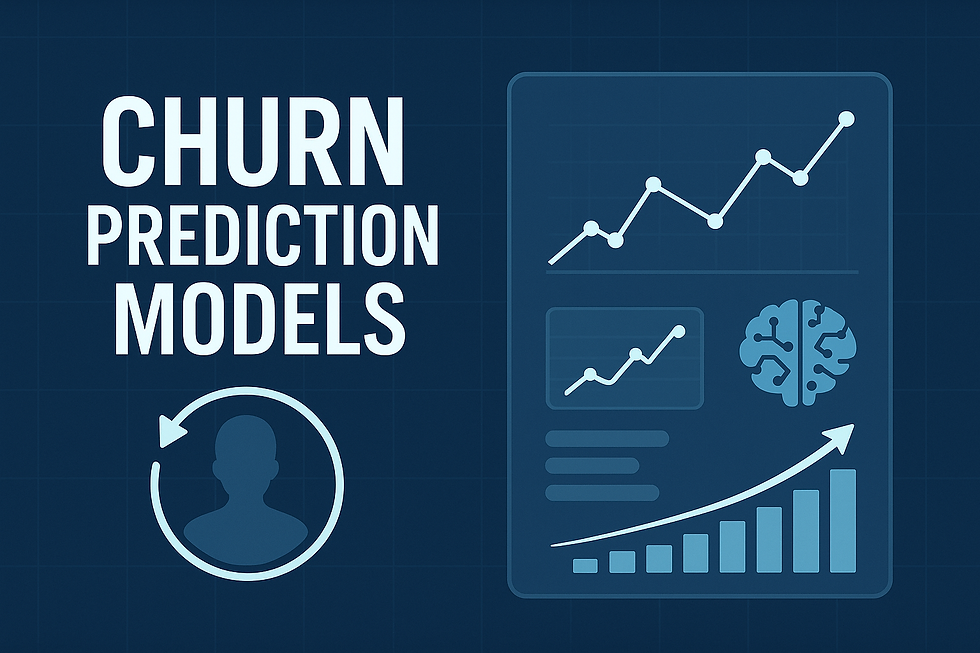 Churn prediction models concept illustration showing faceless user icon, machine learning graphs, neural network symbol, and rising analytics charts for customer retention analysis and sales forecasting.