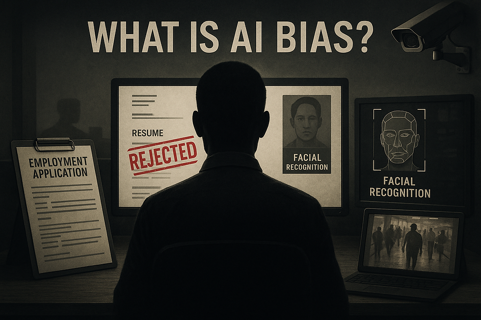 AI bias in hiring and facial recognition: silhouetted applicant facing 'REJECTED' screen amid surveillance monitors, unfair algorithmic decisions.