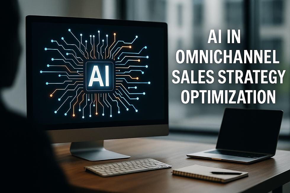 Ultra-realistic image of a computer screen displaying AI circuitry with text 'AI in Omnichannel Sales Strategy Optimization', set in a modern office environment with silhouetted figure, symbolizing artificial intelligence integration in omnichannel sales strategies for business technology