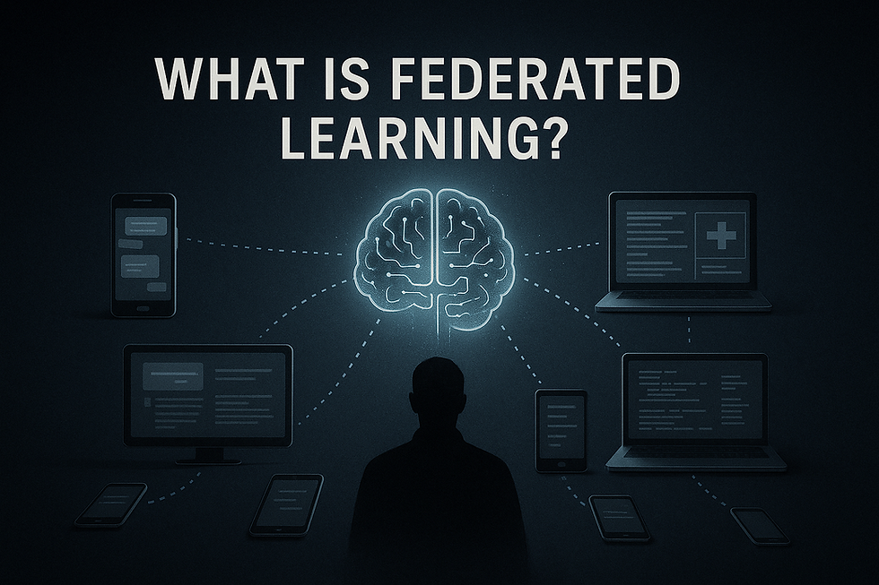 Federated Learning concept—central AI brain linked to phones, laptops, and hospital servers; data stays local, privacy-preserving, decentralized AI training.