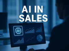 AI in Sales concept showing a faceless businessperson analyzing sales charts and AI-powered analytics on a computer screen in a modern office, with bold white 'AI IN SALES' title overlayed, representing artificial intelligence transforming sales operations in 2025