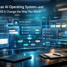 Cinematic 3D AI operating system hologram over a modern desk with productivity and automation widgets.