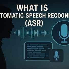 ASR concept with speech silhouette, sound waves, and mic icons.